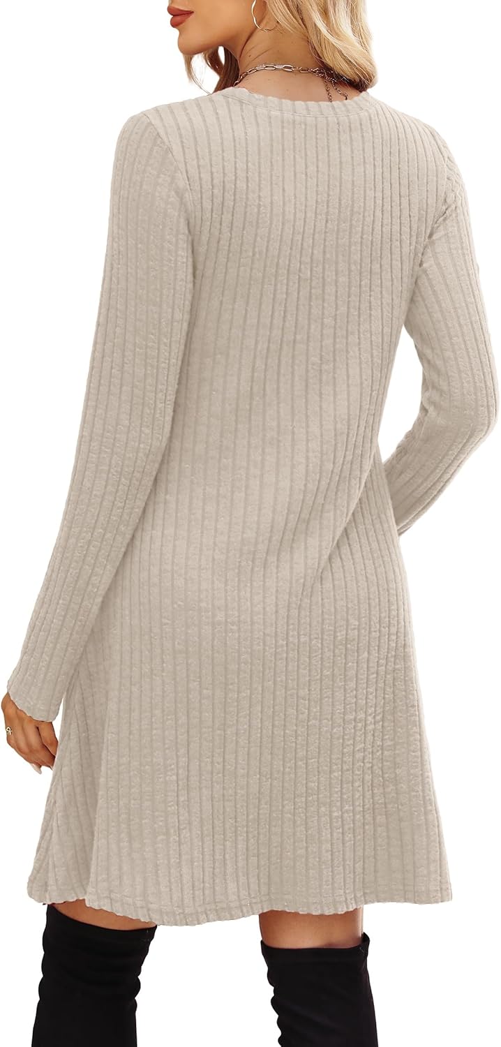 OFEEFAN Women’s Long-Sleeve Crew Neck Tunic Dress Empire Waist with Pockets