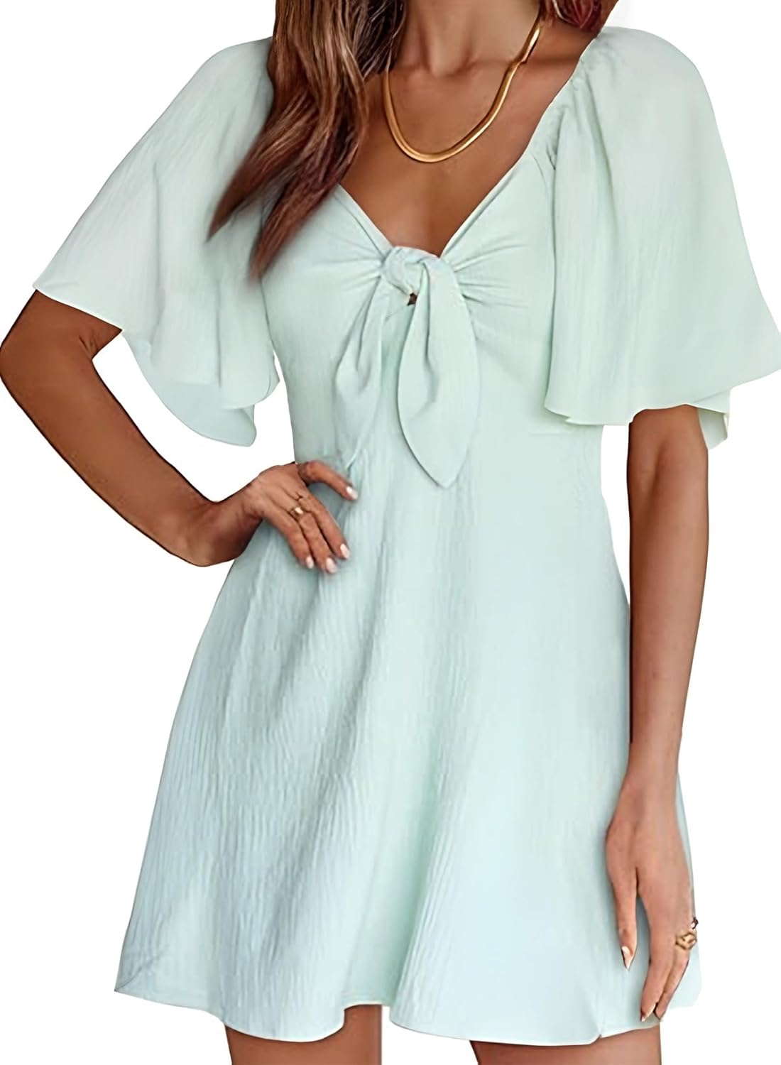 Dokotoo Women’s 2025 Summer & Fall Deep V-Neck Mini Dress with Elegant Bow Tie, Available in Sizes S–XL