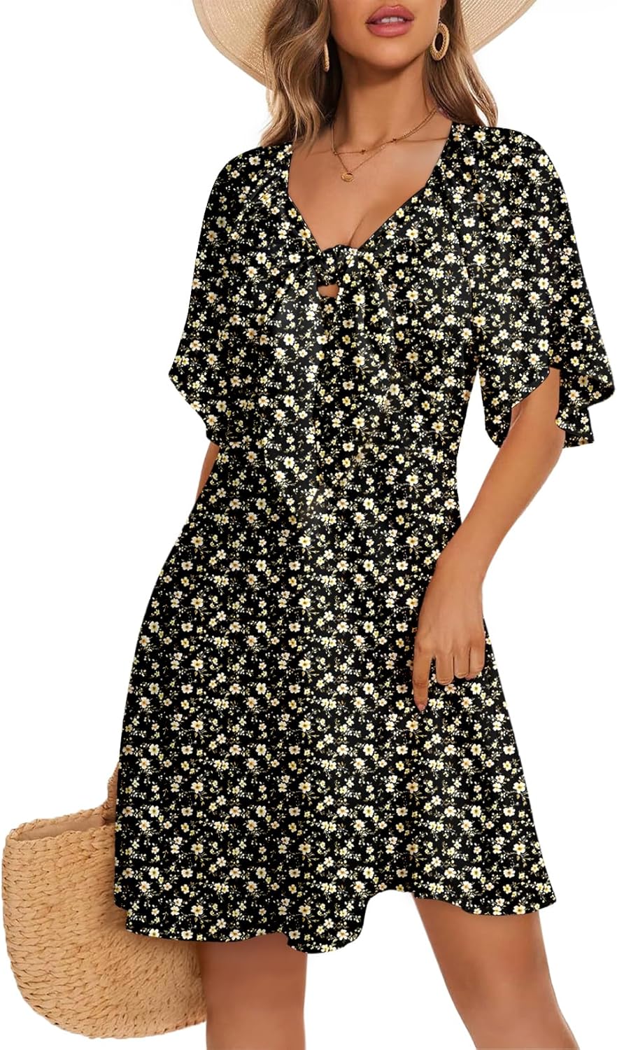 Dokotoo Women’s 2025 Summer & Fall Deep V-Neck Mini Dress with Elegant Bow Tie, Available in Sizes S–XL