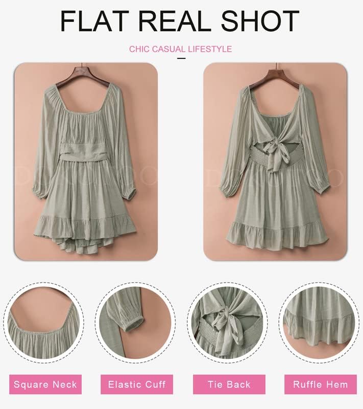 Dokotoo Women’s Long-Sleeve Lantern Dress Square Neck Tie-Back Ruffle A-Line Mini Dress with Elastic Waist, Sexy and Elegant