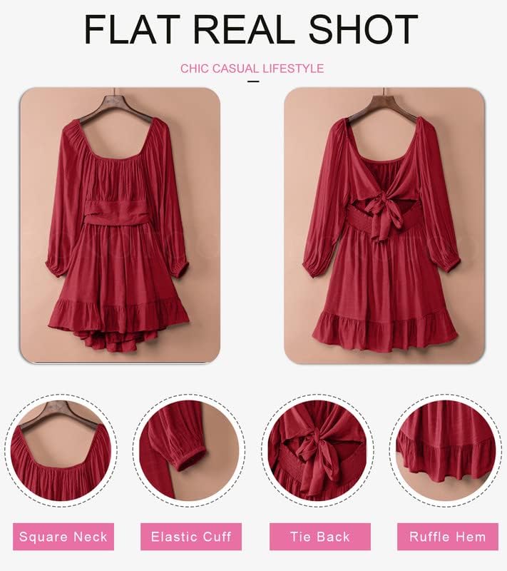 Dokotoo Women’s Long-Sleeve Lantern Dress Square Neck Tie-Back Ruffle A-Line Mini Dress with Elastic Waist, Sexy and Elegant