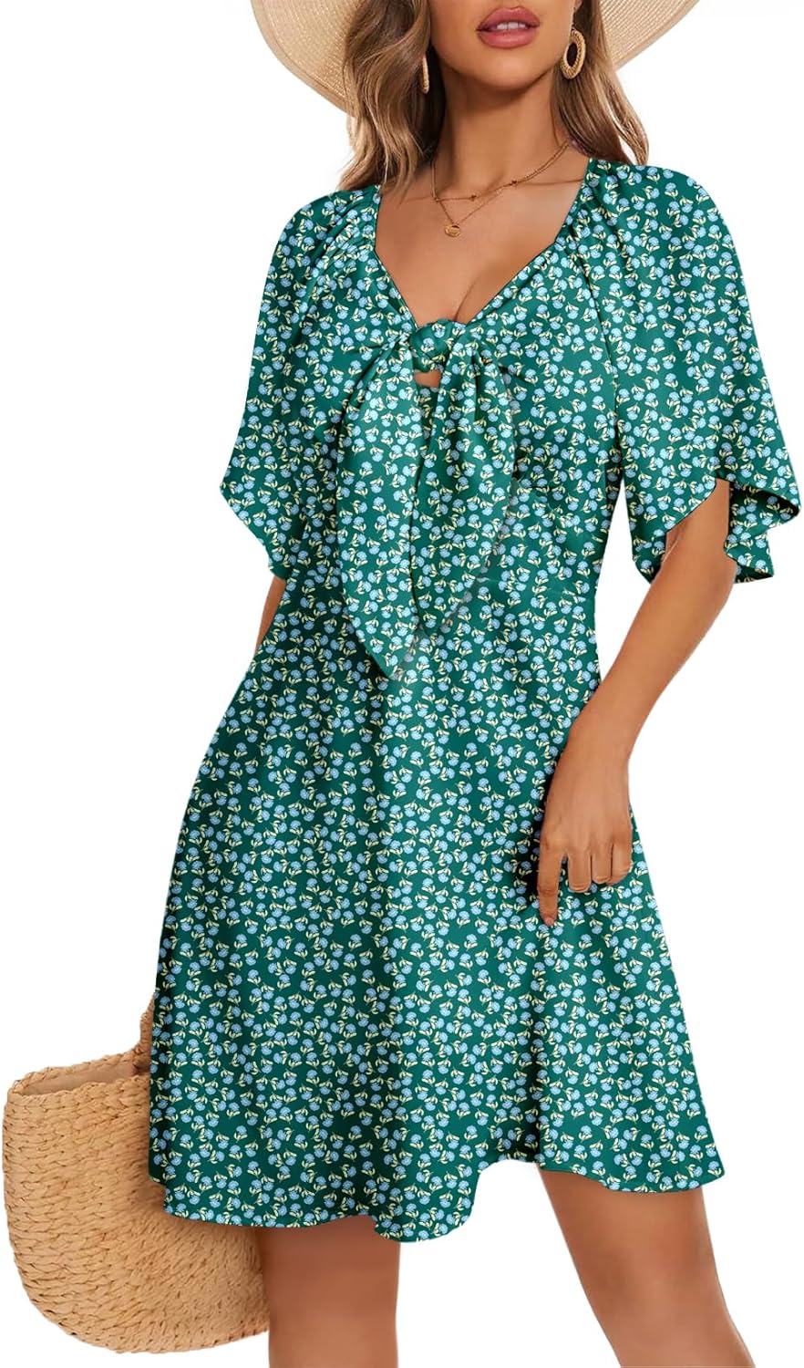 Dokotoo Women’s 2025 Summer & Fall Deep V-Neck Mini Dress with Elegant Bow Tie, Available in Sizes S–XL