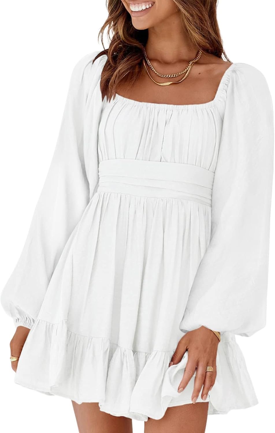 Dokotoo Women’s Long-Sleeve Lantern Dress Square Neck Tie-Back Ruffle A-Line Mini Dress with Elastic Waist, Sexy and Elegant