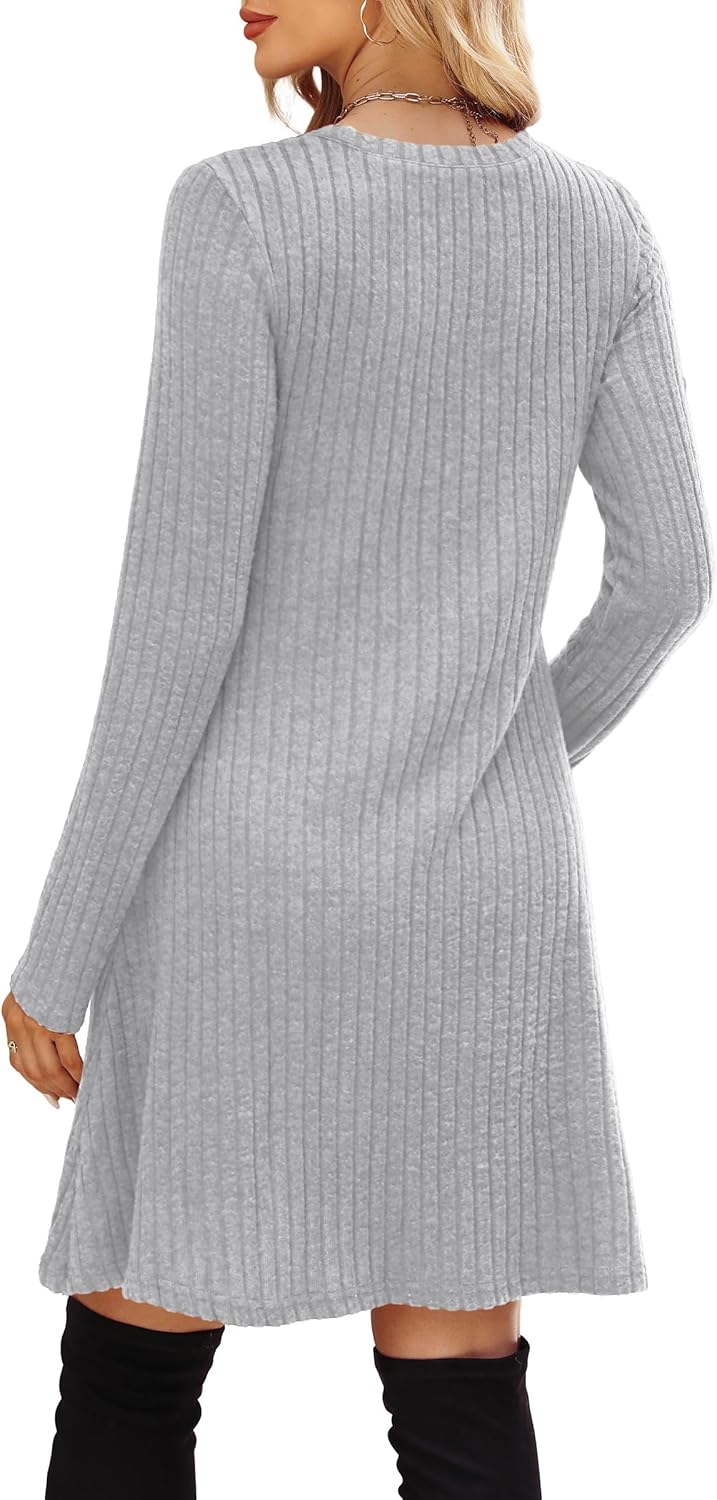 OFEEFAN Women’s Long-Sleeve Crew Neck Tunic Dress Empire Waist with Pockets