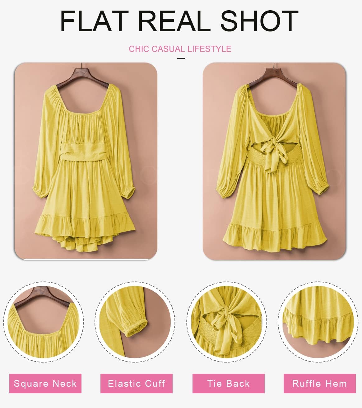 Dokotoo Women’s Long-Sleeve Lantern Dress Square Neck Tie-Back Ruffle A-Line Mini Dress with Elastic Waist, Sexy and Elegant