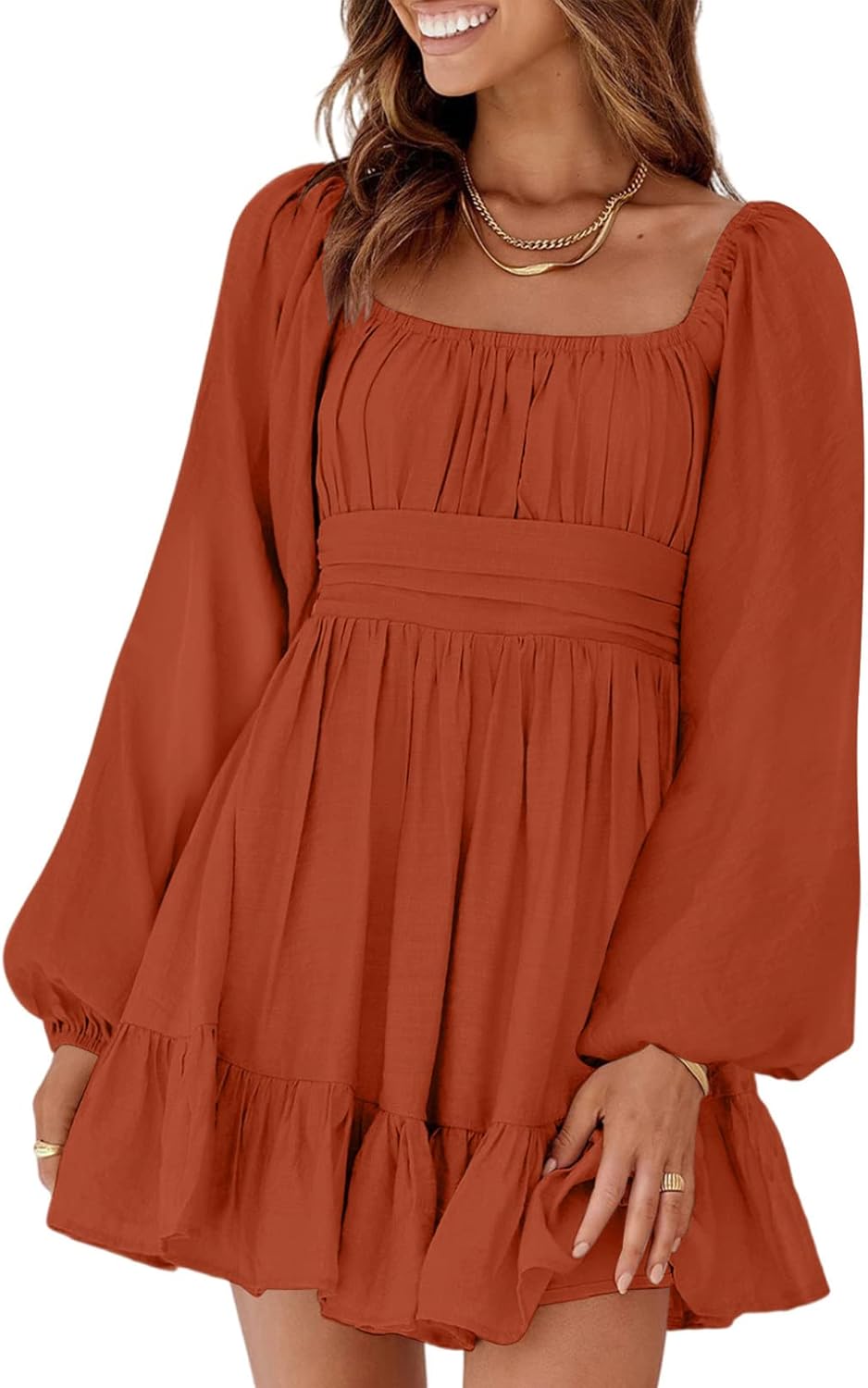 Dokotoo Women’s Long-Sleeve Lantern Dress Square Neck Tie-Back Ruffle A-Line Mini Dress with Elastic Waist, Sexy and Elegant