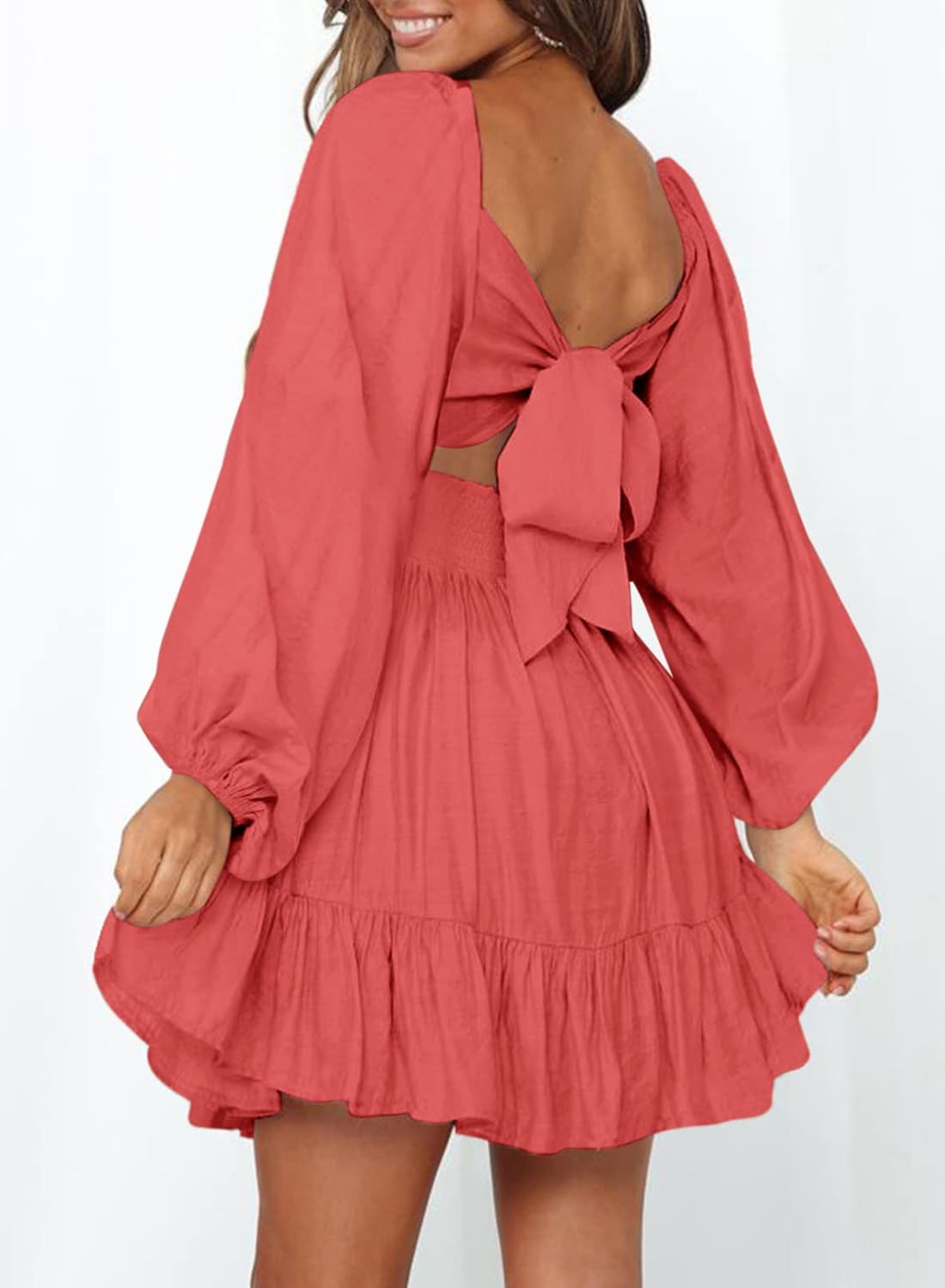 Dokotoo Women’s Long-Sleeve Lantern Dress Square Neck Tie-Back Ruffle A-Line Mini Dress with Elastic Waist, Sexy and Elegant