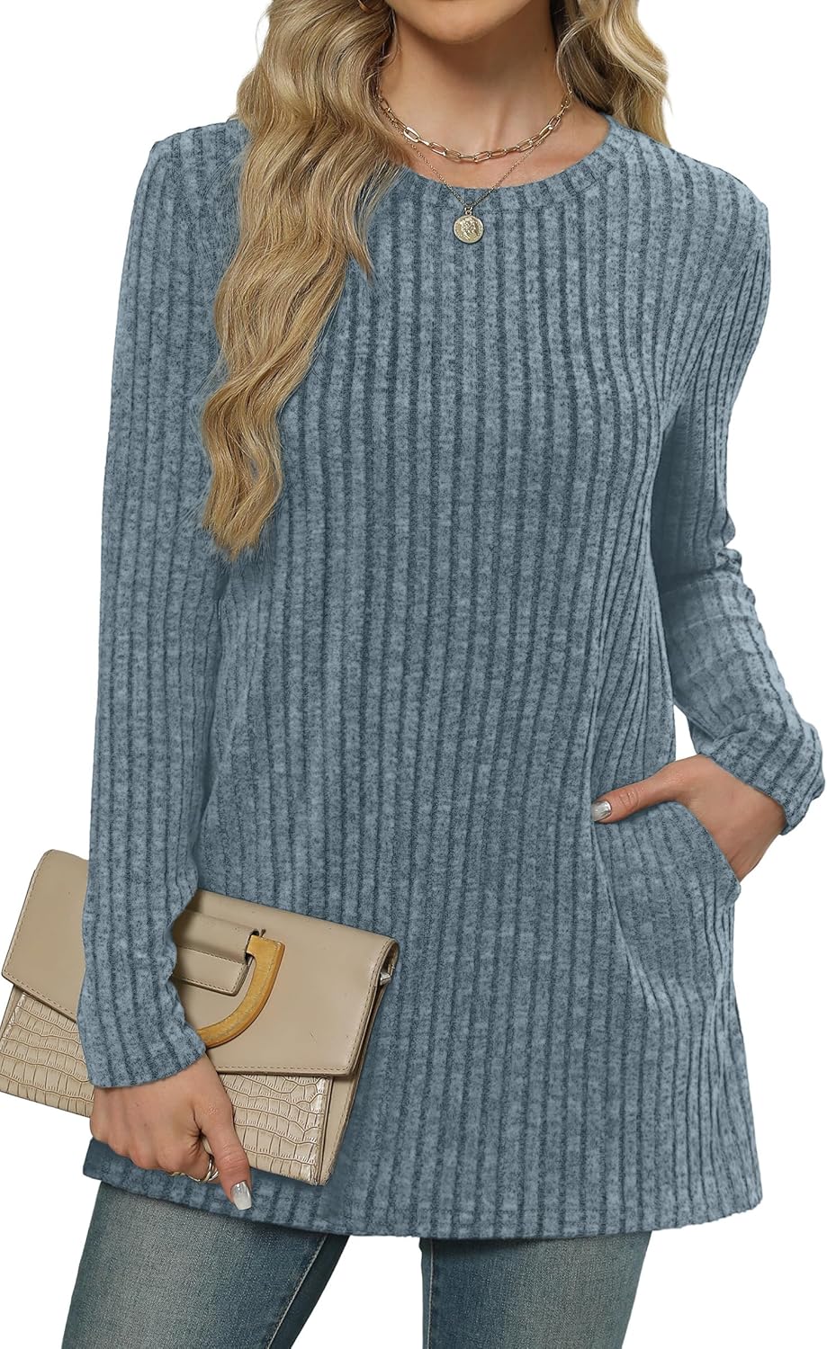 XIEERDUO Women’s Long-Sleeve Crewneck Tunic Tops Loose-Fit Sweaters with Pockets Fall Fashion 2025
