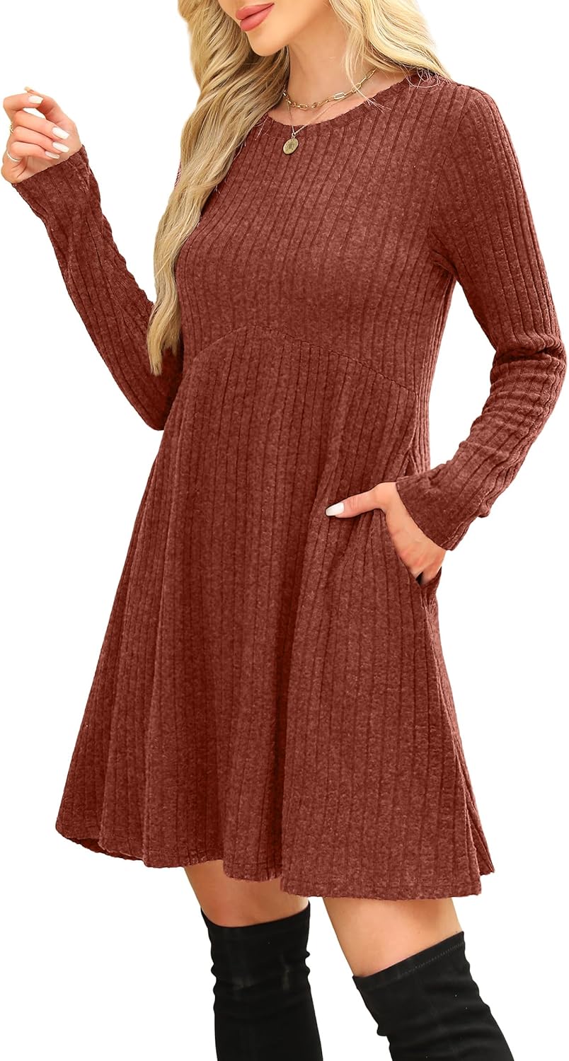OFEEFAN Women’s Long-Sleeve Crew Neck Tunic Dress Empire Waist with Pockets