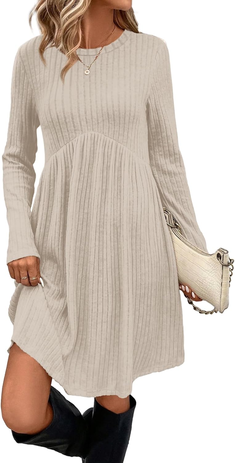 OFEEFAN Women’s Long-Sleeve Crew Neck Tunic Dress Empire Waist with Pockets