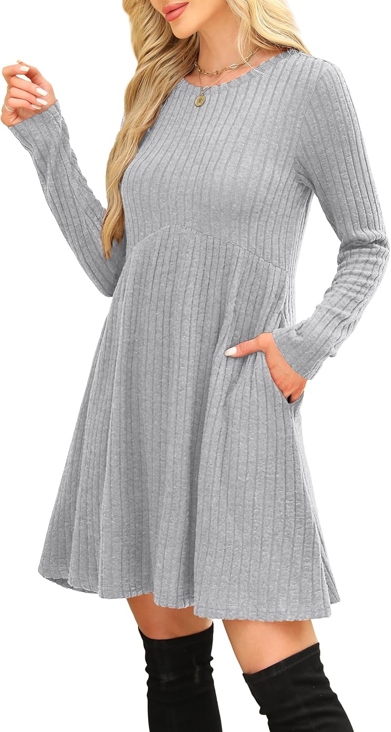 OFEEFAN Women’s Long-Sleeve Crew Neck Tunic Dress Empire Waist with Pockets