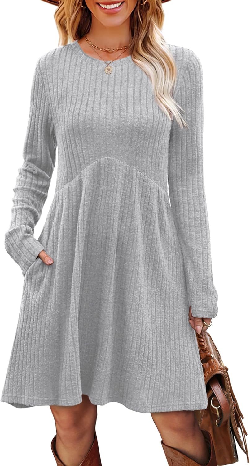 OFEEFAN Women’s Long-Sleeve Crew Neck Tunic Dress Empire Waist with Pockets