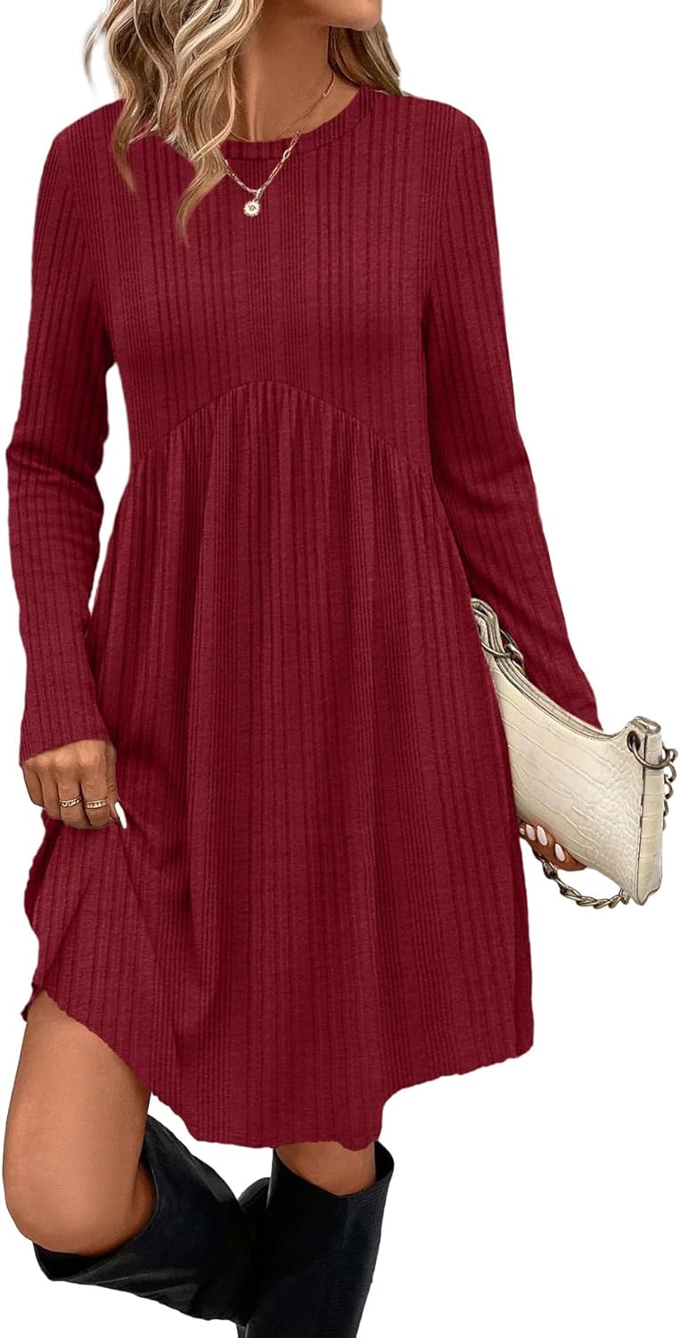 OFEEFAN Women’s Long-Sleeve Crew Neck Tunic Dress Empire Waist with Pockets