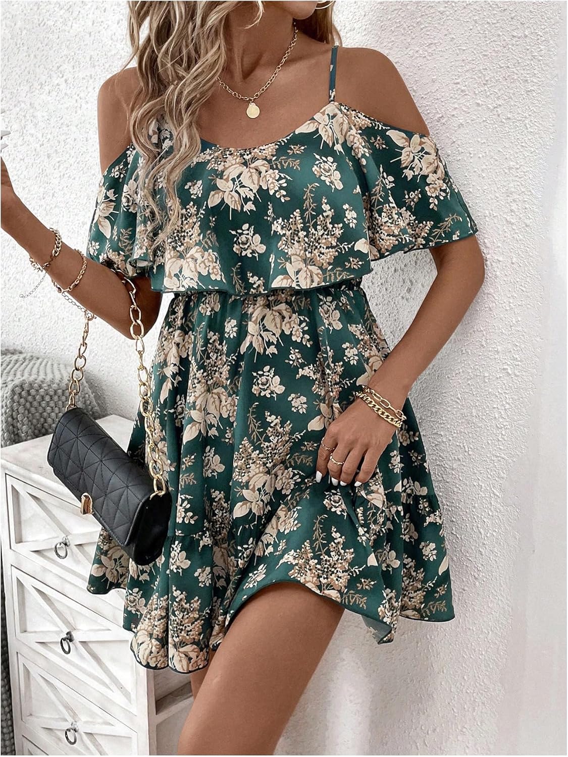 SOLY HUX Women’s Boho Floral Print Cold-Shoulder Dress Short-Sleeve Ruffle A-Line Mini Dress Elegant Vacation Wear