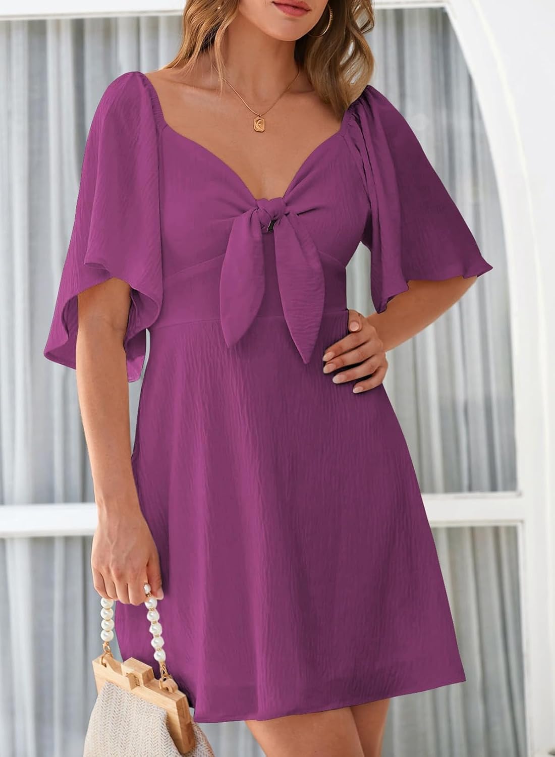 Dokotoo Women’s 2025 Summer & Fall Deep V-Neck Mini Dress with Elegant Bow Tie, Available in Sizes S–XL