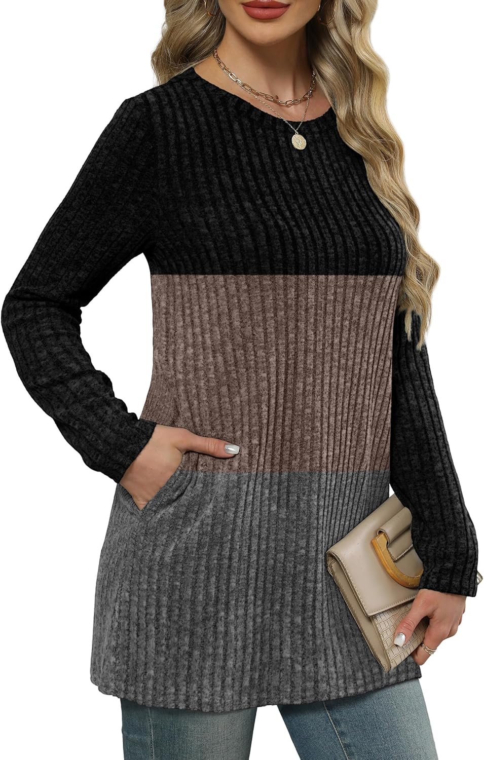 XIEERDUO Women’s Long-Sleeve Crewneck Tunic Tops Loose-Fit Sweaters with Pockets Fall Fashion 2025