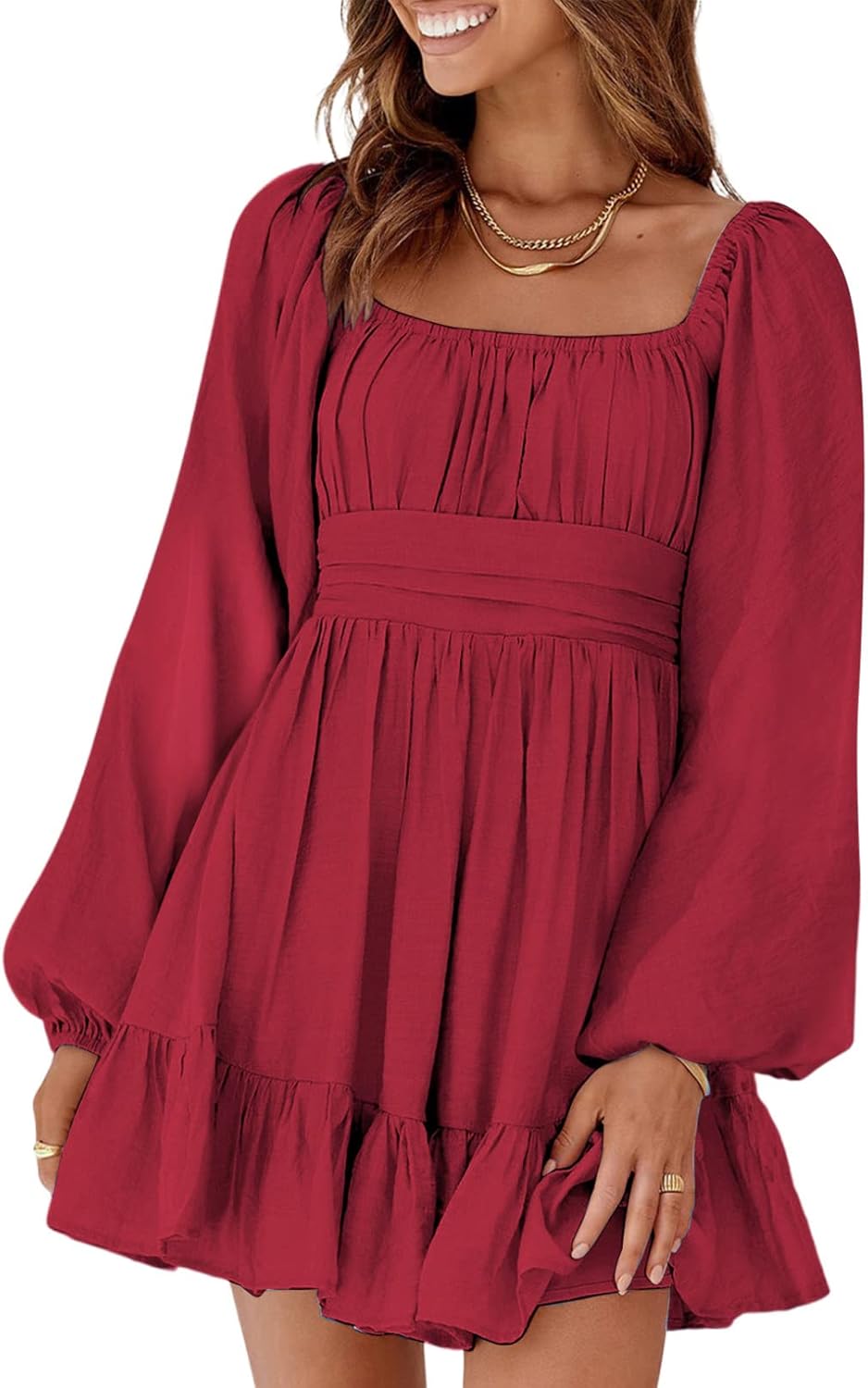 Dokotoo Women’s Long-Sleeve Lantern Dress Square Neck Tie-Back Ruffle A-Line Mini Dress with Elastic Waist, Sexy and Elegant