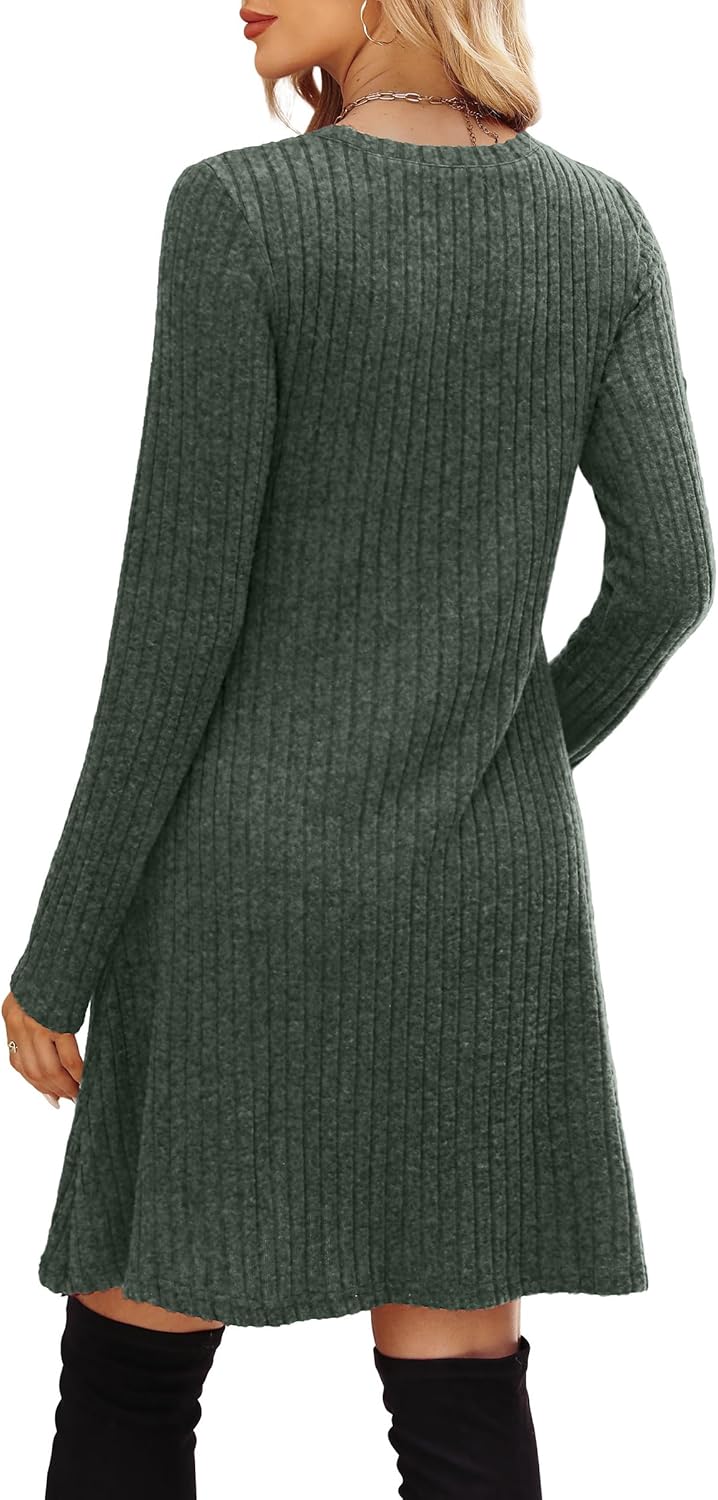 OFEEFAN Women’s Long-Sleeve Crew Neck Tunic Dress Empire Waist with Pockets