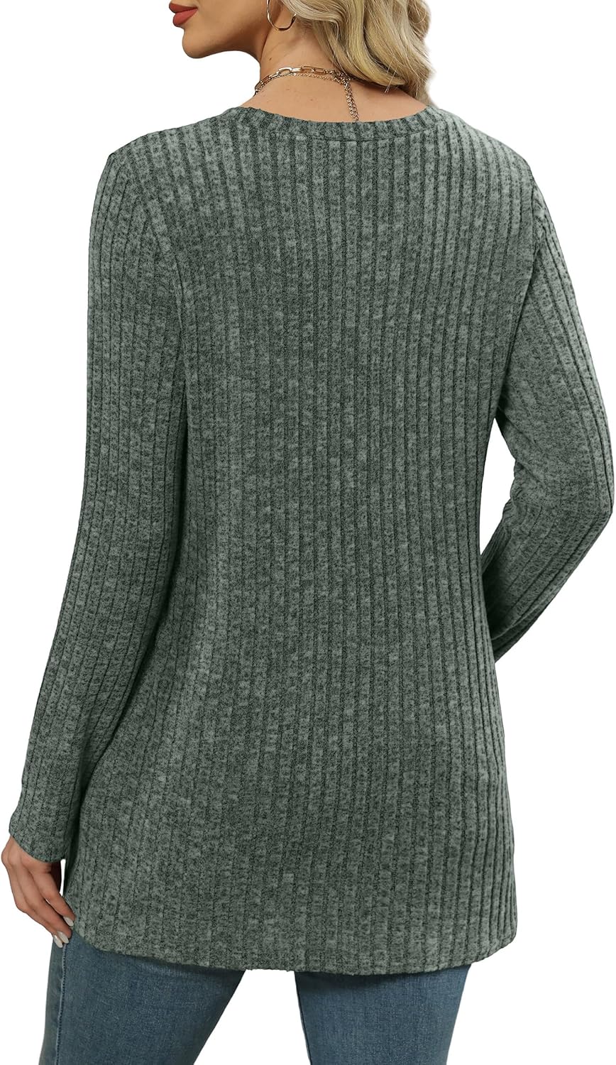 XIEERDUO Women’s Long-Sleeve Crewneck Tunic Tops Loose-Fit Sweaters with Pockets Fall Fashion 2025