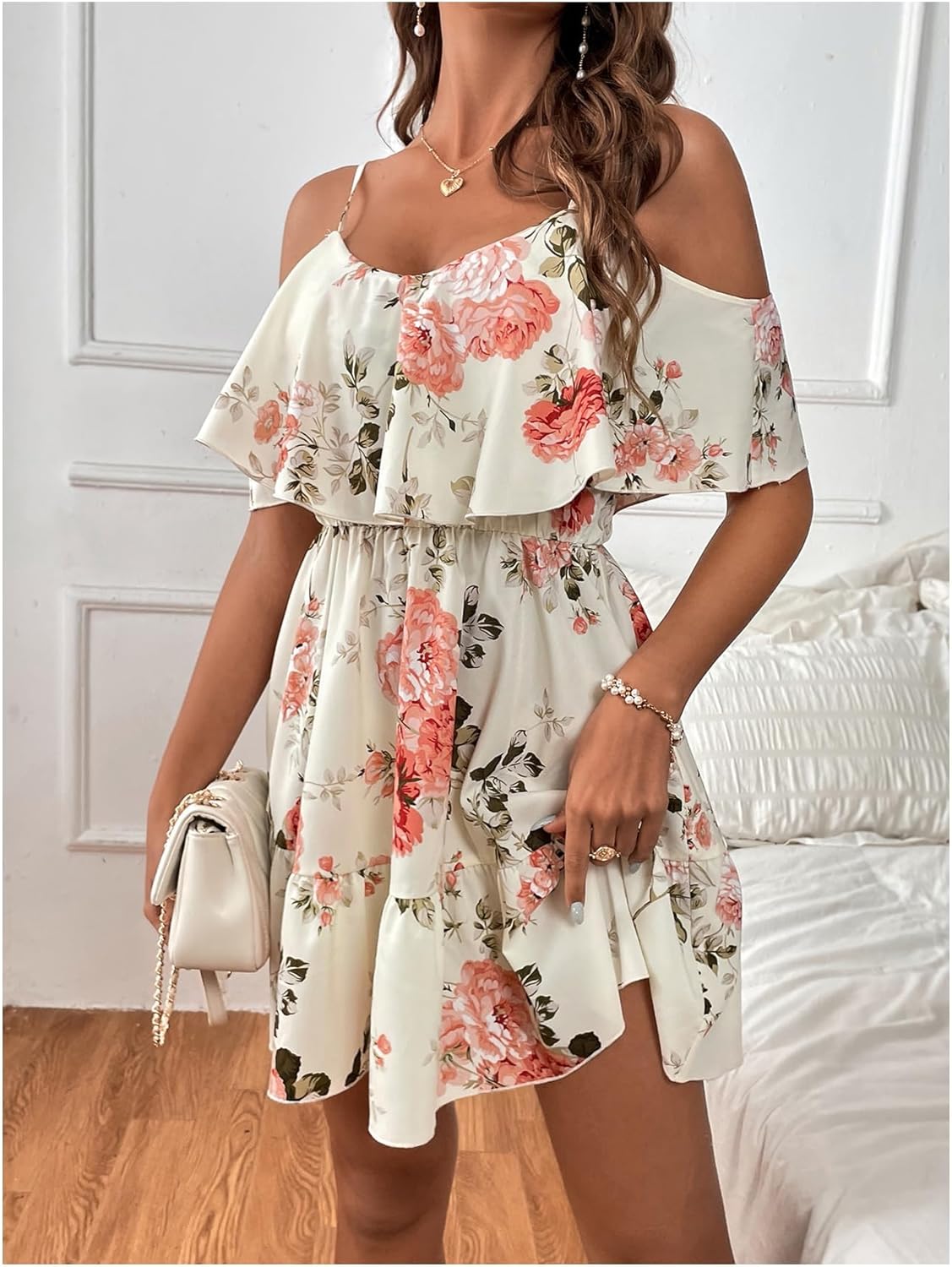 SOLY HUX Women’s Boho Floral Print Cold-Shoulder Dress Short-Sleeve Ruffle A-Line Mini Dress Elegant Vacation Wear