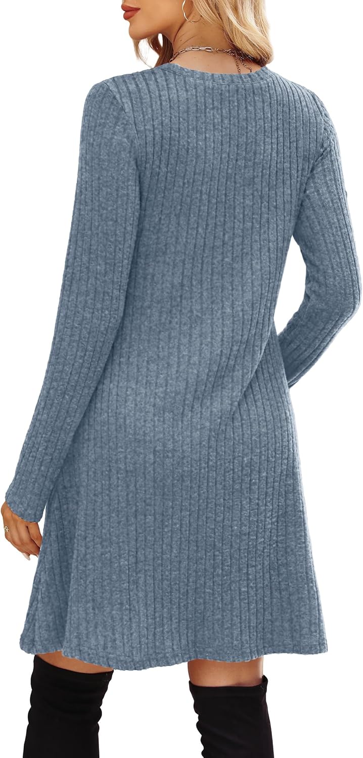 OFEEFAN Women’s Long-Sleeve Crew Neck Tunic Dress Empire Waist with Pockets