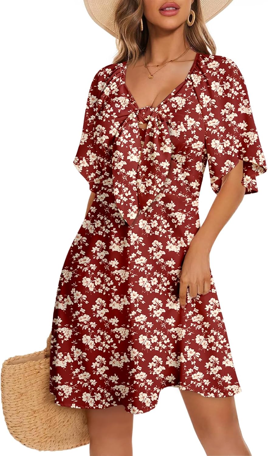 Dokotoo Women’s 2025 Summer & Fall Deep V-Neck Mini Dress with Elegant Bow Tie, Available in Sizes S–XL