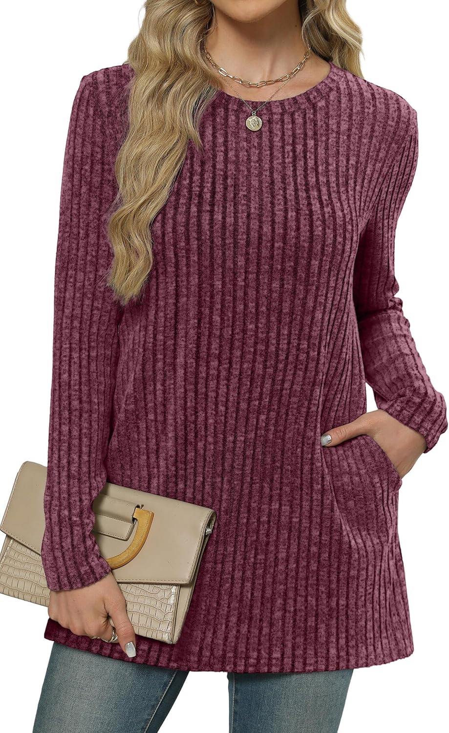 XIEERDUO Women’s Long-Sleeve Crewneck Tunic Tops Loose-Fit Sweaters with Pockets Fall Fashion 2025