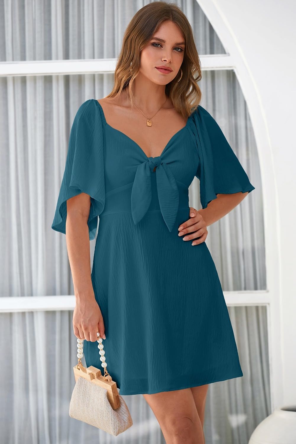 Dokotoo Women’s 2025 Summer & Fall Deep V-Neck Mini Dress with Elegant Bow Tie, Available in Sizes S–XL