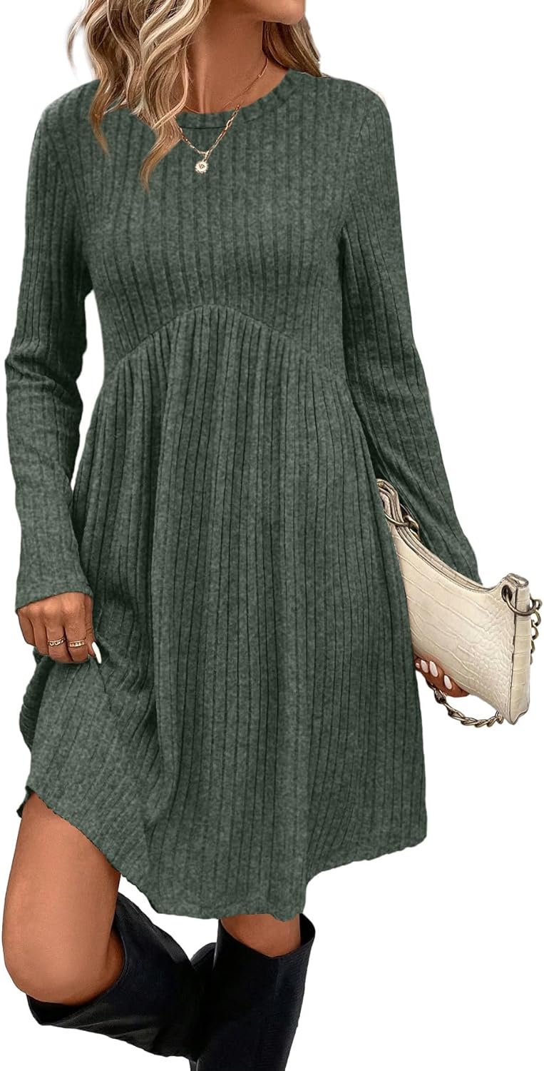 OFEEFAN Women’s Long-Sleeve Crew Neck Tunic Dress Empire Waist with Pockets