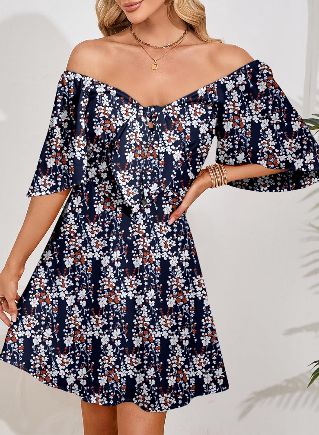 Dokotoo Women’s 2025 Summer & Fall Deep V-Neck Mini Dress with Elegant Bow Tie, Available in Sizes S–XL