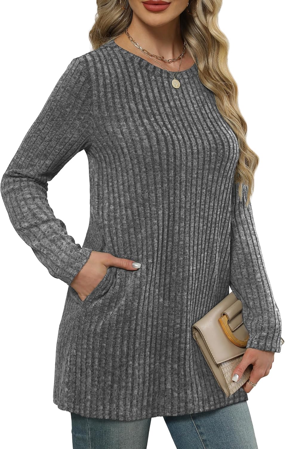 XIEERDUO Women’s Long-Sleeve Crewneck Tunic Tops Loose-Fit Sweaters with Pockets Fall Fashion 2025