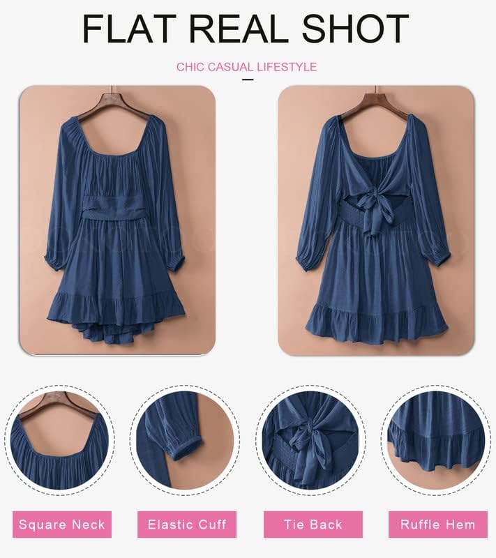 Dokotoo Women’s Long-Sleeve Lantern Dress Square Neck Tie-Back Ruffle A-Line Mini Dress with Elastic Waist, Sexy and Elegant