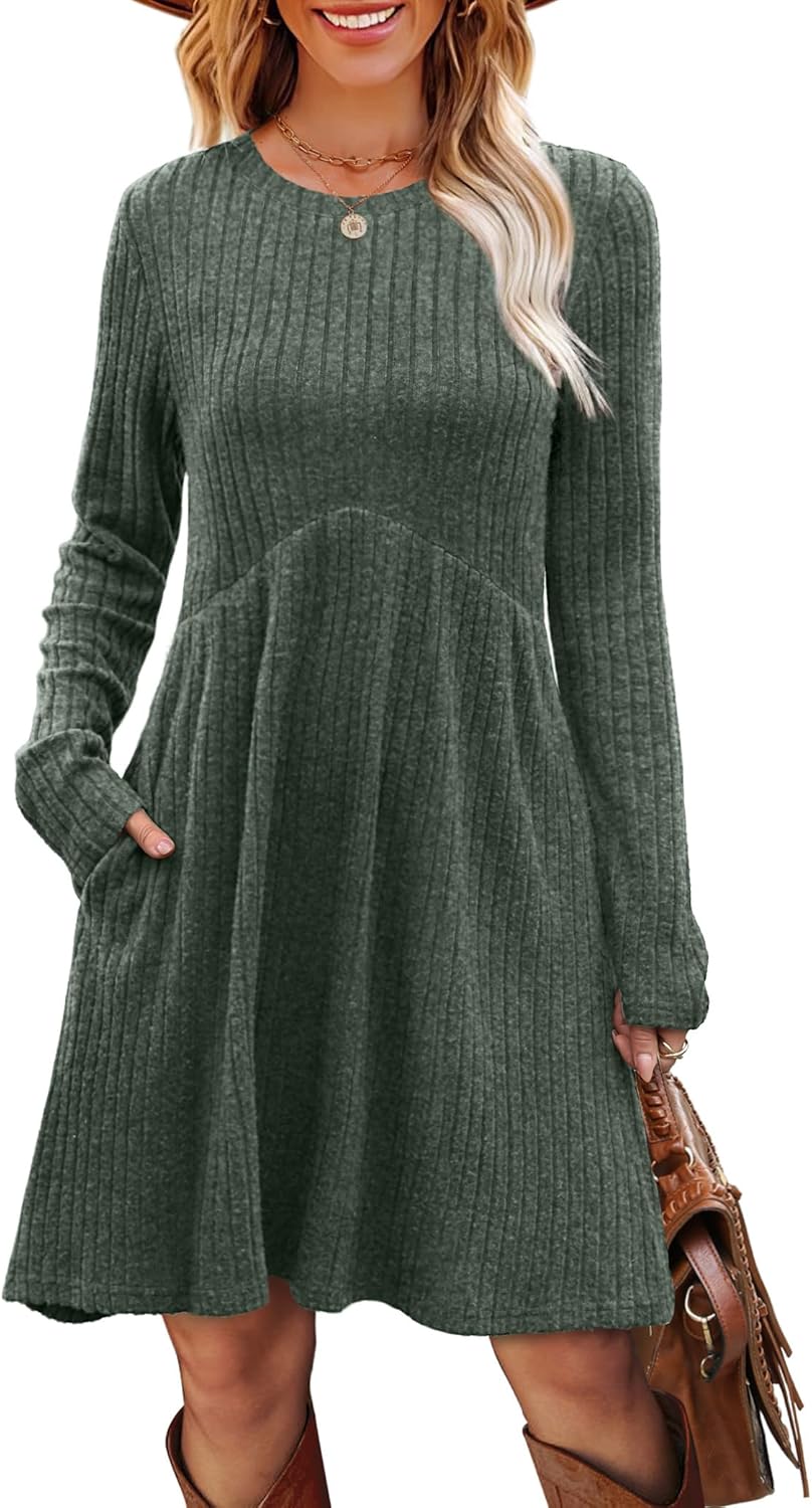 OFEEFAN Women’s Long-Sleeve Crew Neck Tunic Dress Empire Waist with Pockets