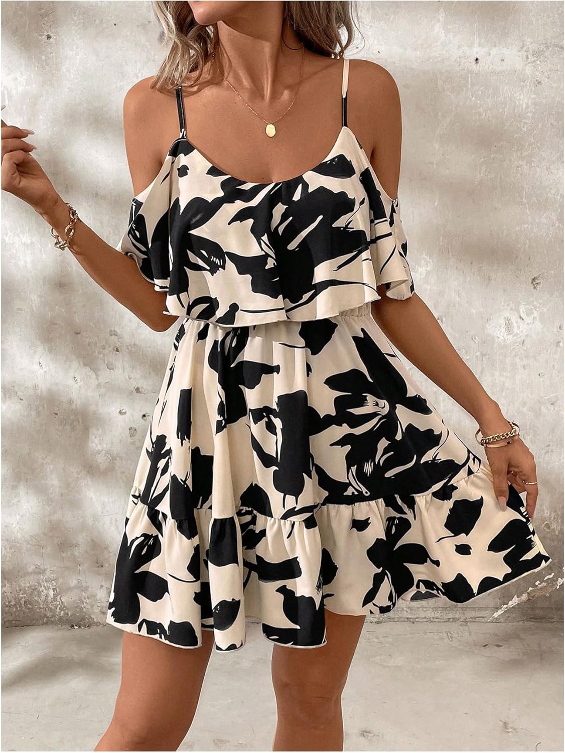 SOLY HUX Women’s Boho Floral Print Cold-Shoulder Dress Short-Sleeve Ruffle A-Line Mini Dress Elegant Vacation Wear
