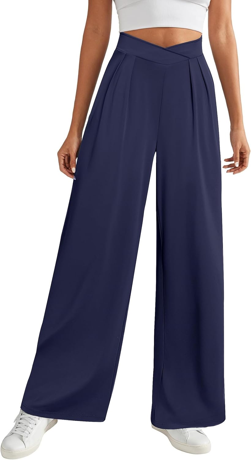 FireSwan Women's High-Waisted Wide Leg Trousers Pleated Crossover Front Office Casual Pants Flowing Palazzo Style with Side Pockets