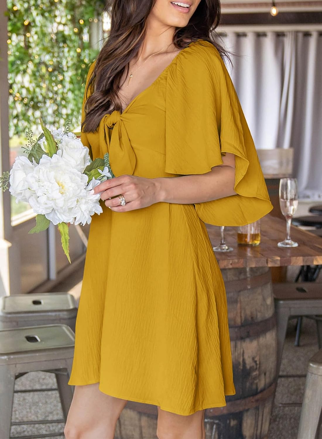 Dokotoo Women’s 2025 Summer & Fall Deep V-Neck Mini Dress with Elegant Bow Tie, Available in Sizes S–XL