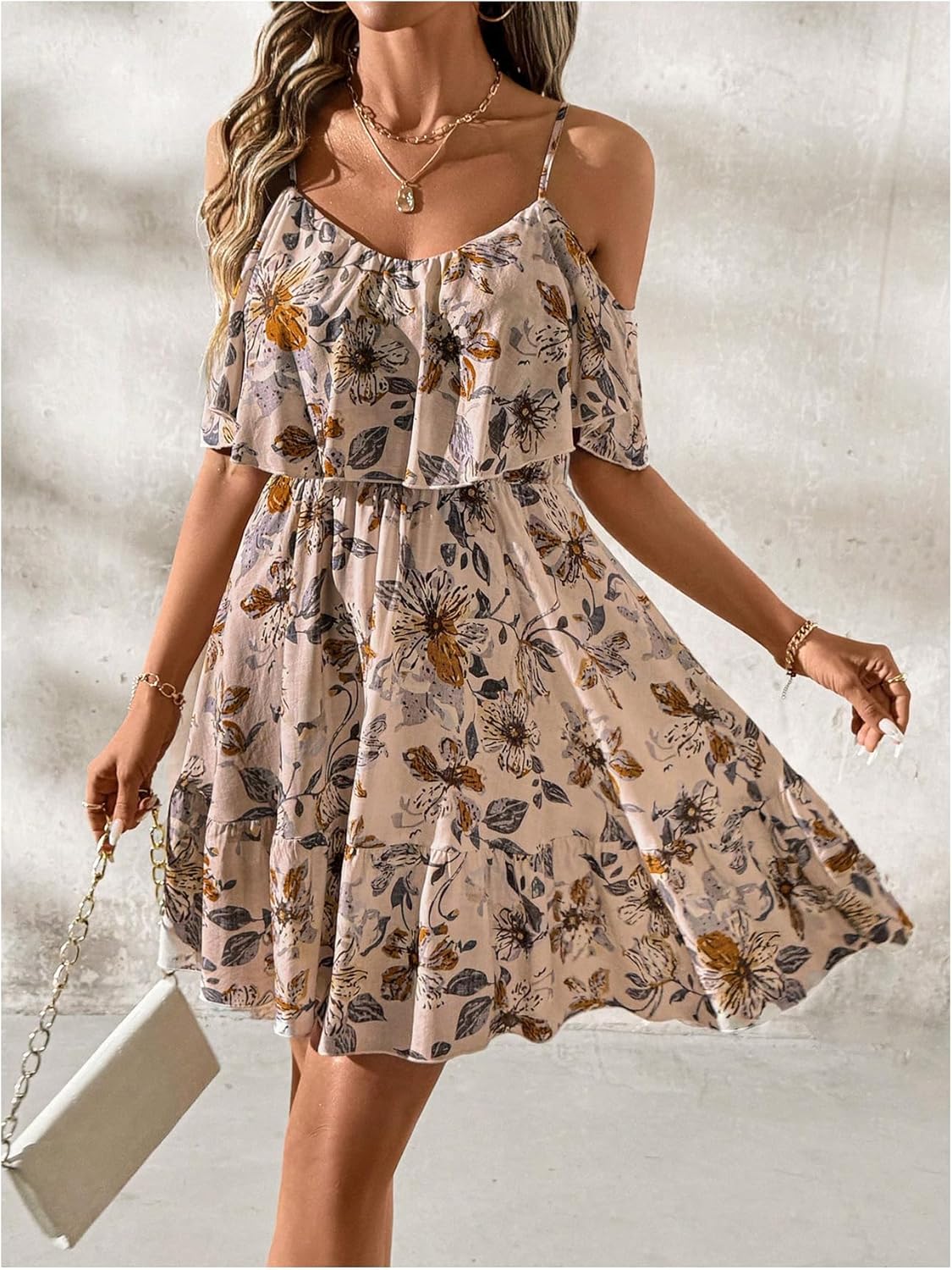 SOLY HUX Women’s Boho Floral Print Cold-Shoulder Dress Short-Sleeve Ruffle A-Line Mini Dress Elegant Vacation Wear