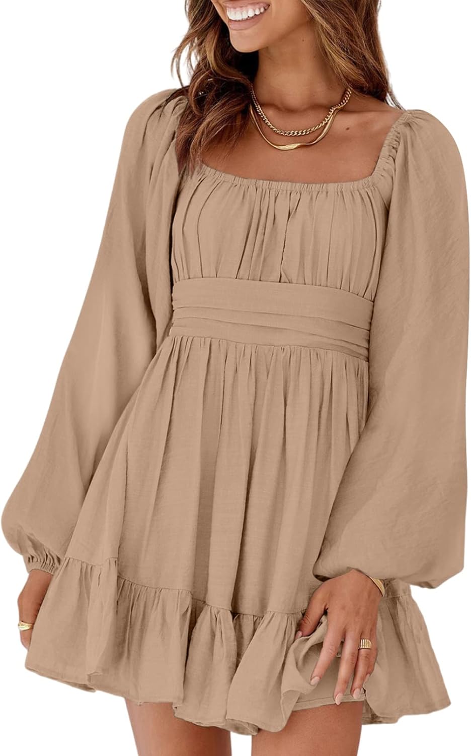 Dokotoo Women’s Long-Sleeve Lantern Dress Square Neck Tie-Back Ruffle A-Line Mini Dress with Elastic Waist, Sexy and Elegant