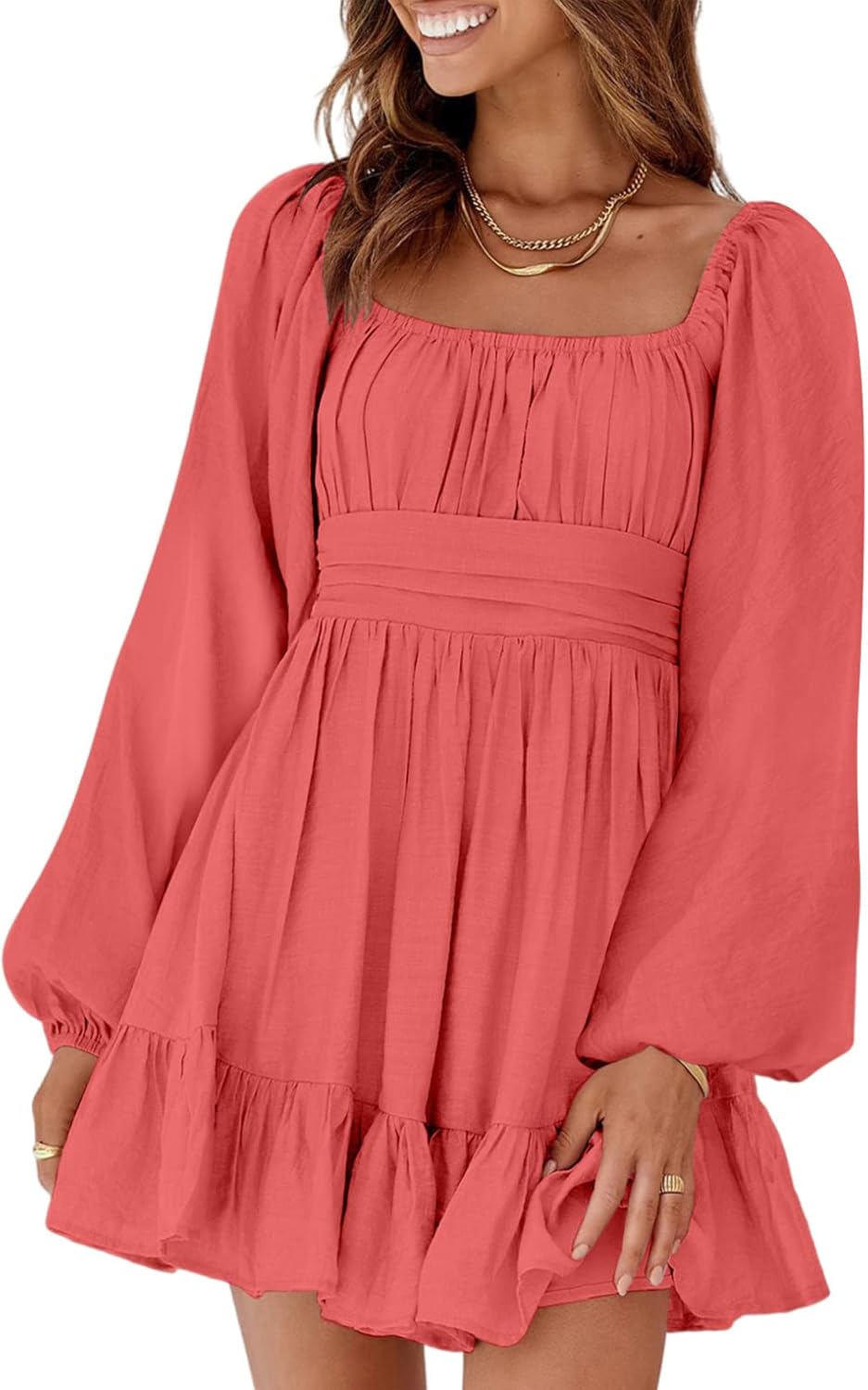 Dokotoo Women’s Long-Sleeve Lantern Dress Square Neck Tie-Back Ruffle A-Line Mini Dress with Elastic Waist, Sexy and Elegant