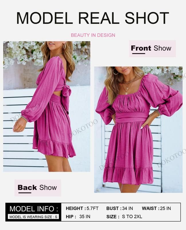 Dokotoo Women’s Long-Sleeve Lantern Dress Square Neck Tie-Back Ruffle A-Line Mini Dress with Elastic Waist, Sexy and Elegant