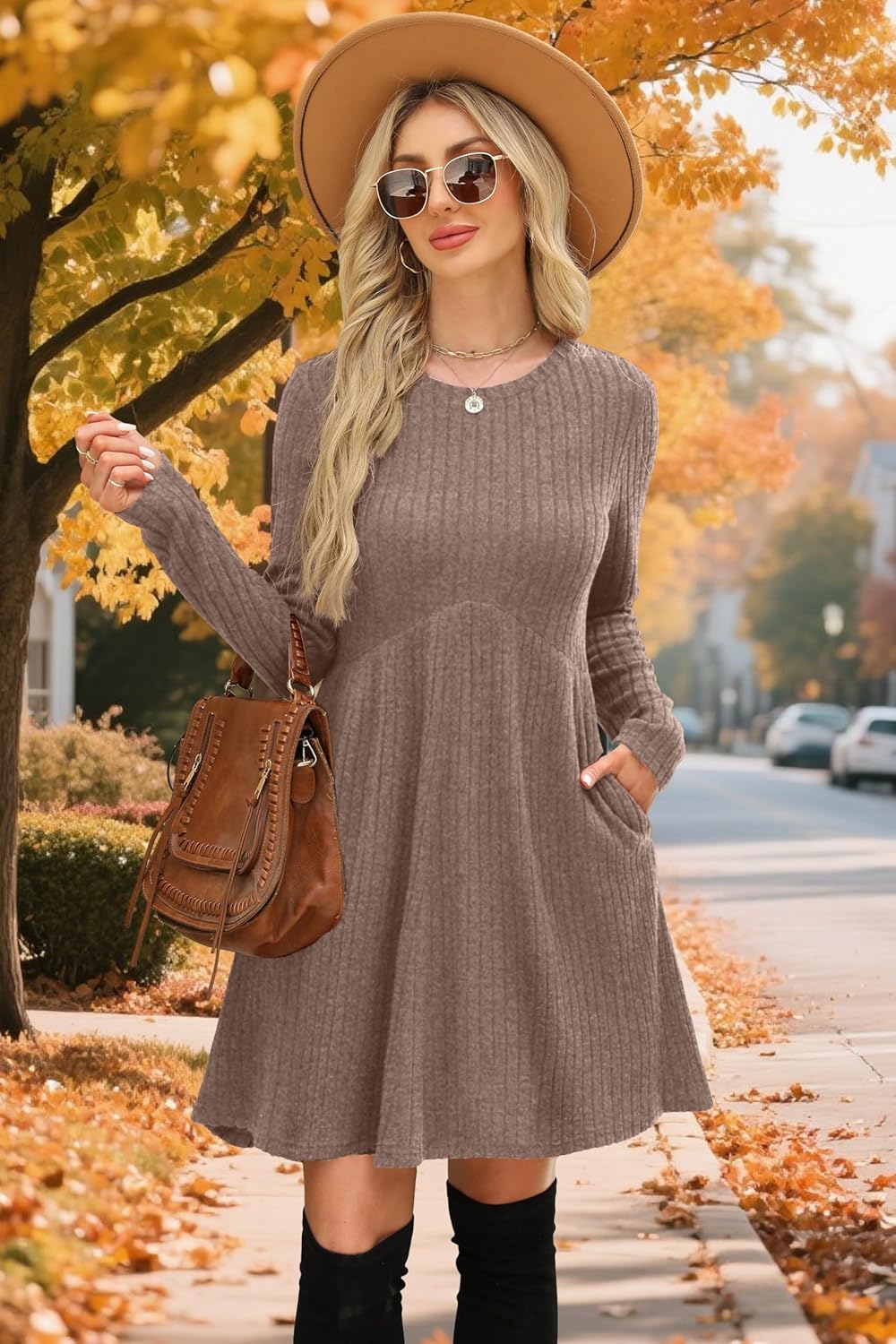 OFEEFAN Women’s Long-Sleeve Crew Neck Tunic Dress Empire Waist with Pockets