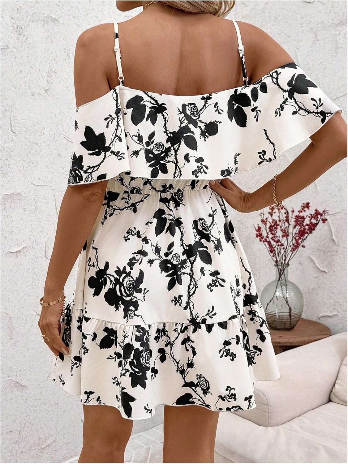 SOLY HUX Women’s Boho Floral Print Cold-Shoulder Dress Short-Sleeve Ruffle A-Line Mini Dress Elegant Vacation Wear