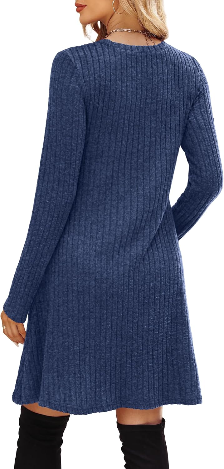 OFEEFAN Women’s Long-Sleeve Crew Neck Tunic Dress Empire Waist with Pockets