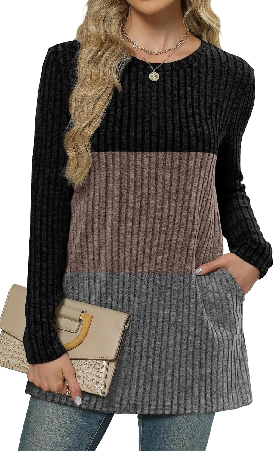 XIEERDUO Women’s Long-Sleeve Crewneck Tunic Tops Loose-Fit Sweaters with Pockets Fall Fashion 2025