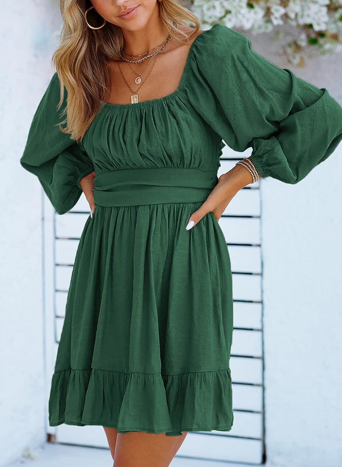 Dokotoo Women’s Long-Sleeve Lantern Dress Square Neck Tie-Back Ruffle A-Line Mini Dress with Elastic Waist, Sexy and Elegant