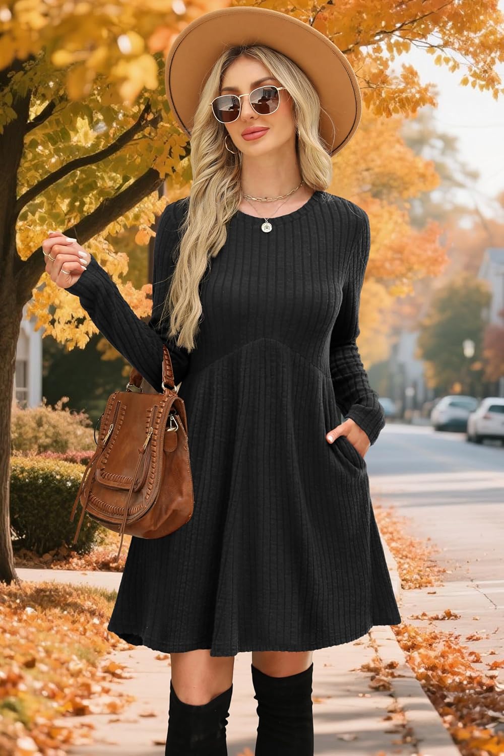 OFEEFAN Women’s Long-Sleeve Crew Neck Tunic Dress Empire Waist with Pockets