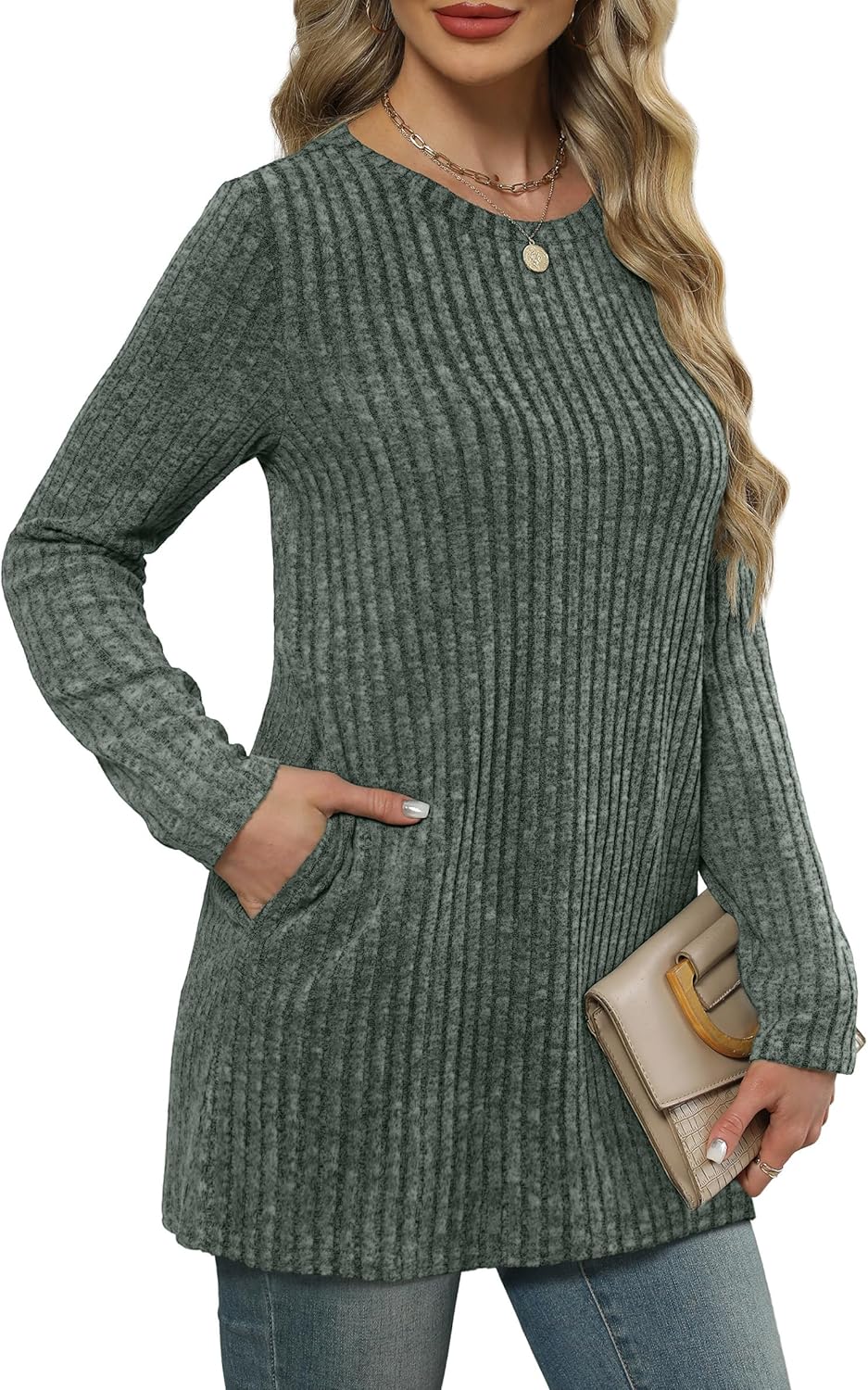 XIEERDUO Women’s Long-Sleeve Crewneck Tunic Tops Loose-Fit Sweaters with Pockets Fall Fashion 2025