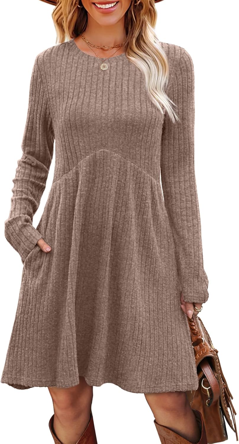 OFEEFAN Women’s Long-Sleeve Crew Neck Tunic Dress Empire Waist with Pockets