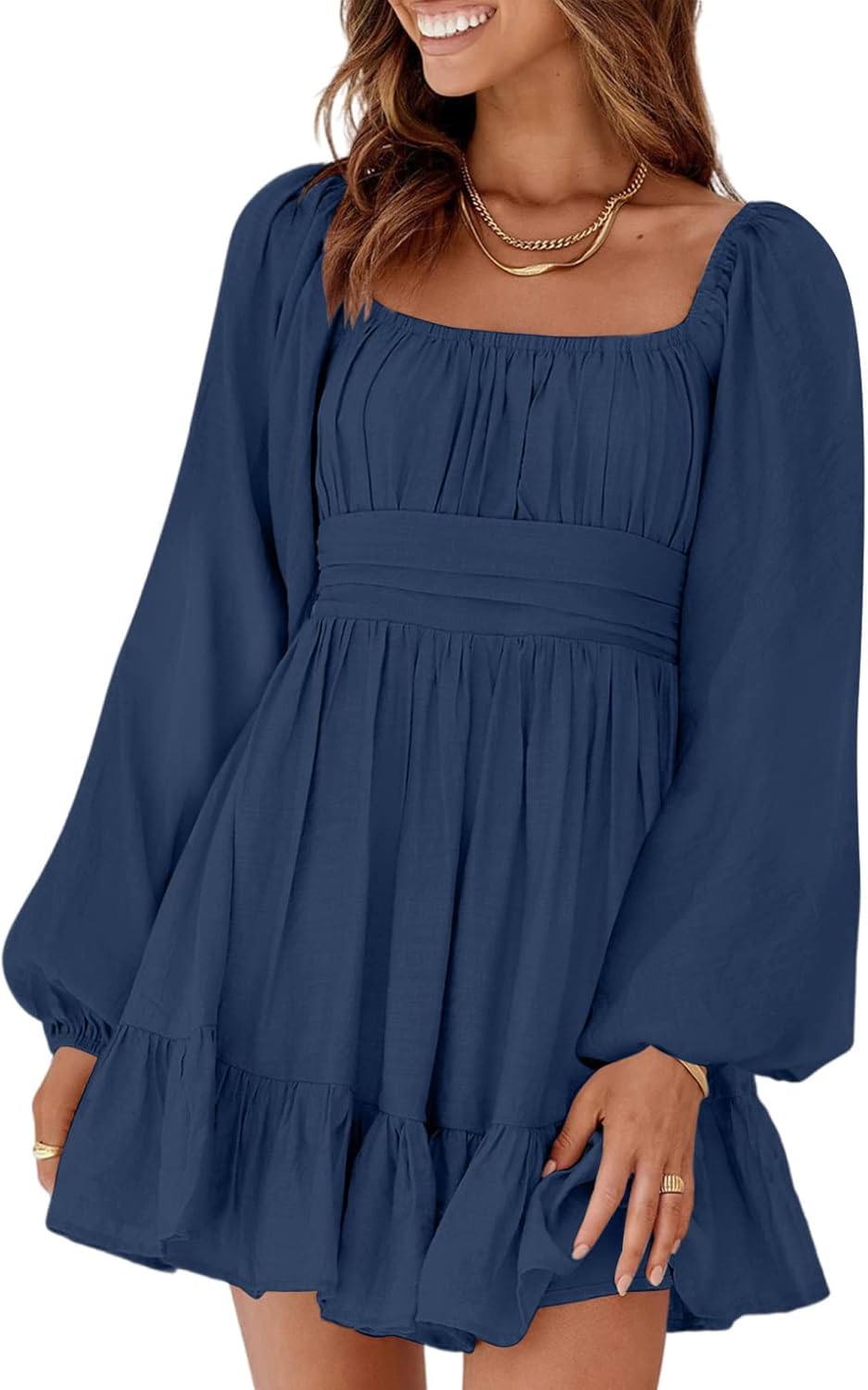 Dokotoo Women’s Long-Sleeve Lantern Dress Square Neck Tie-Back Ruffle A-Line Mini Dress with Elastic Waist, Sexy and Elegant