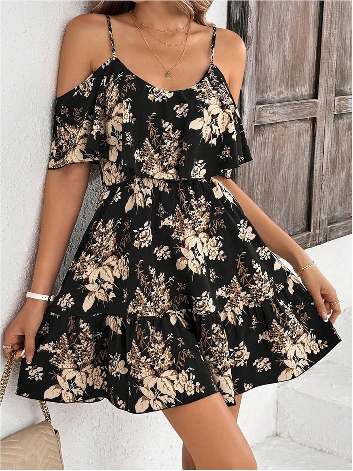 SOLY HUX Women’s Boho Floral Print Cold-Shoulder Dress Short-Sleeve Ruffle A-Line Mini Dress Elegant Vacation Wear